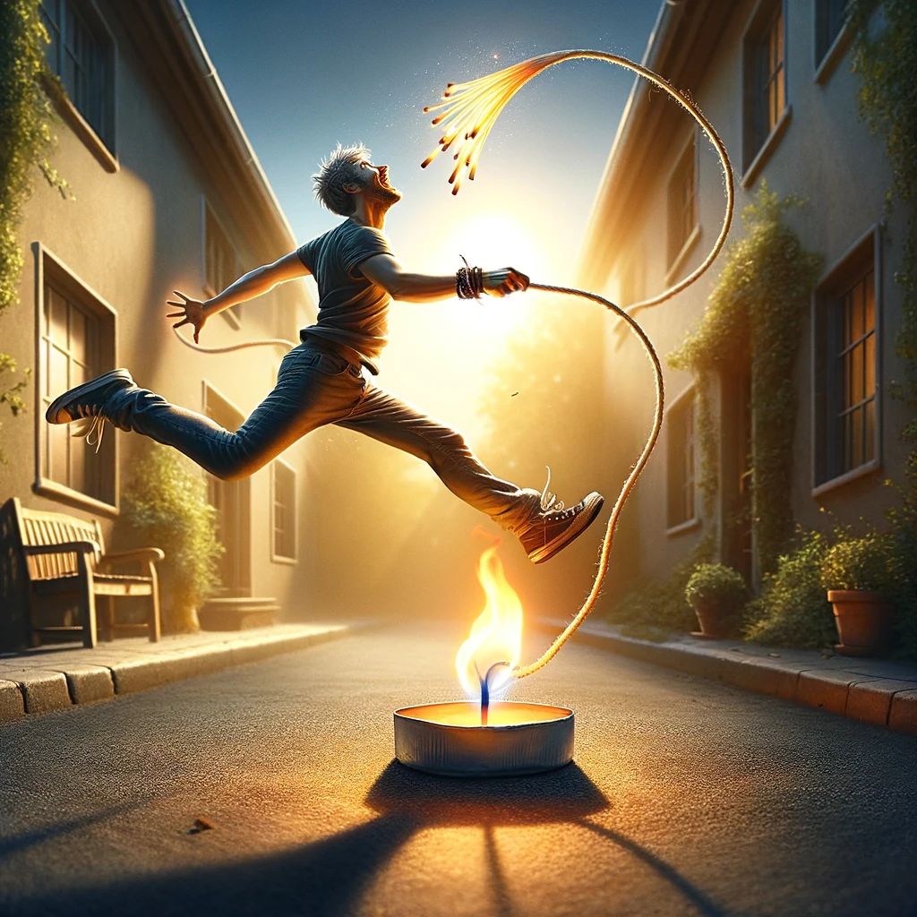 Safety fun with hemp wick. Man playfully jumping over a lit flame holding a hemp wick.